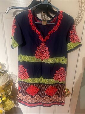 Rose and Rose 🌹 bohemian Navy Tunic with Neon Coral & Lime Lace Accents, small